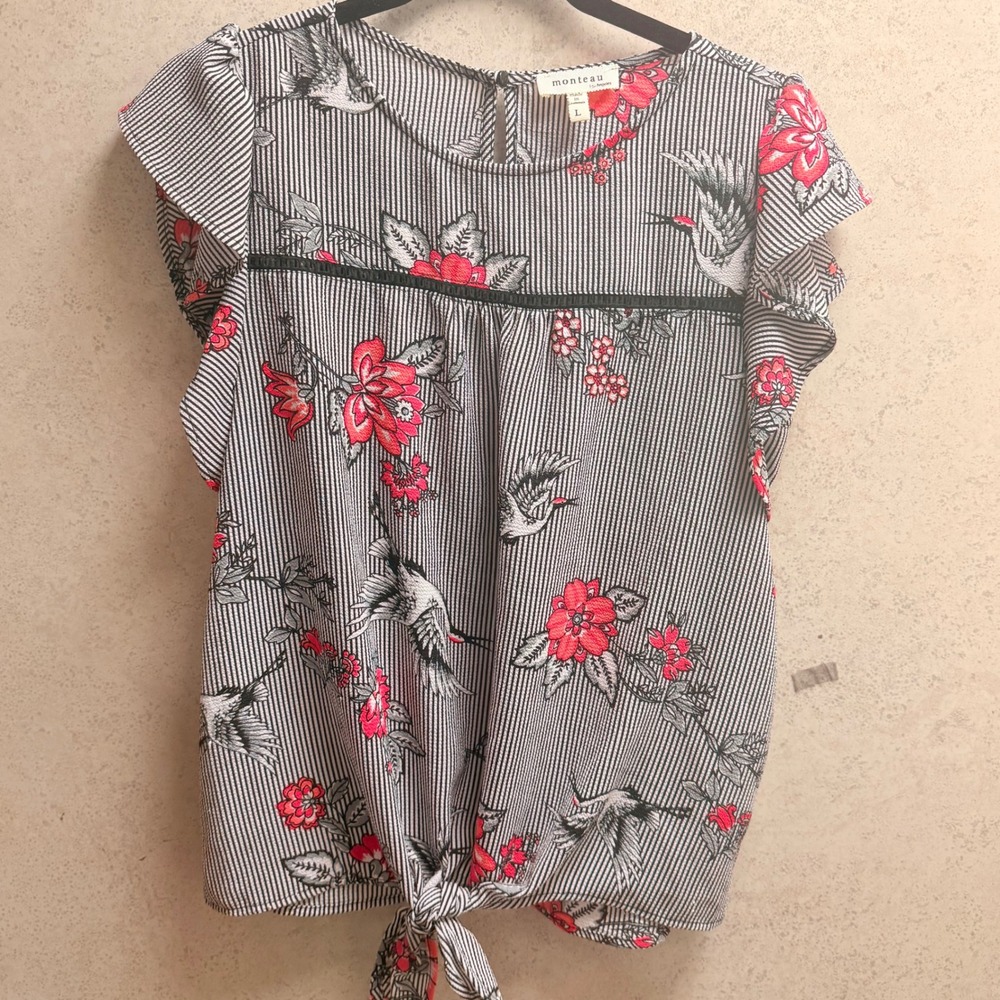 Monteau Los Angeles L Womens Floral Striped Flutter Sleeve Tie Front Boho Top